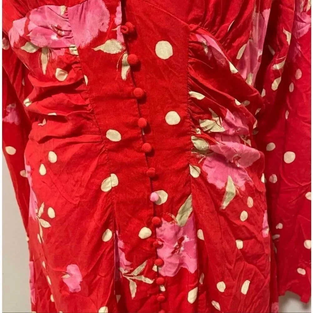 NET Free People Red Floral Button Down Ruched Side Dress Size: L Free People
